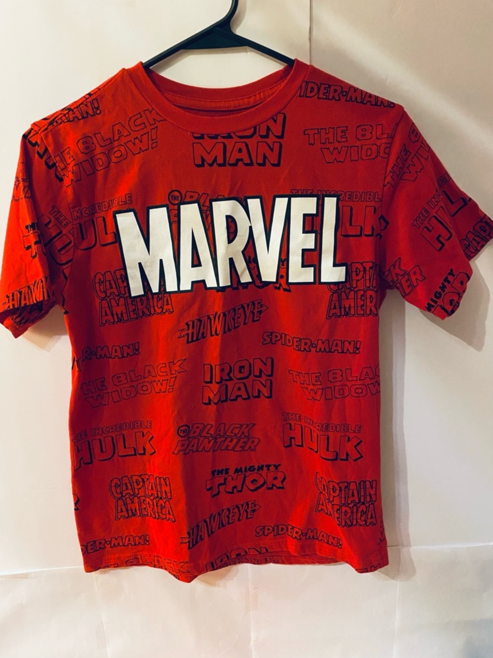 Marvel Red Graphic Tee with Superhero Logos